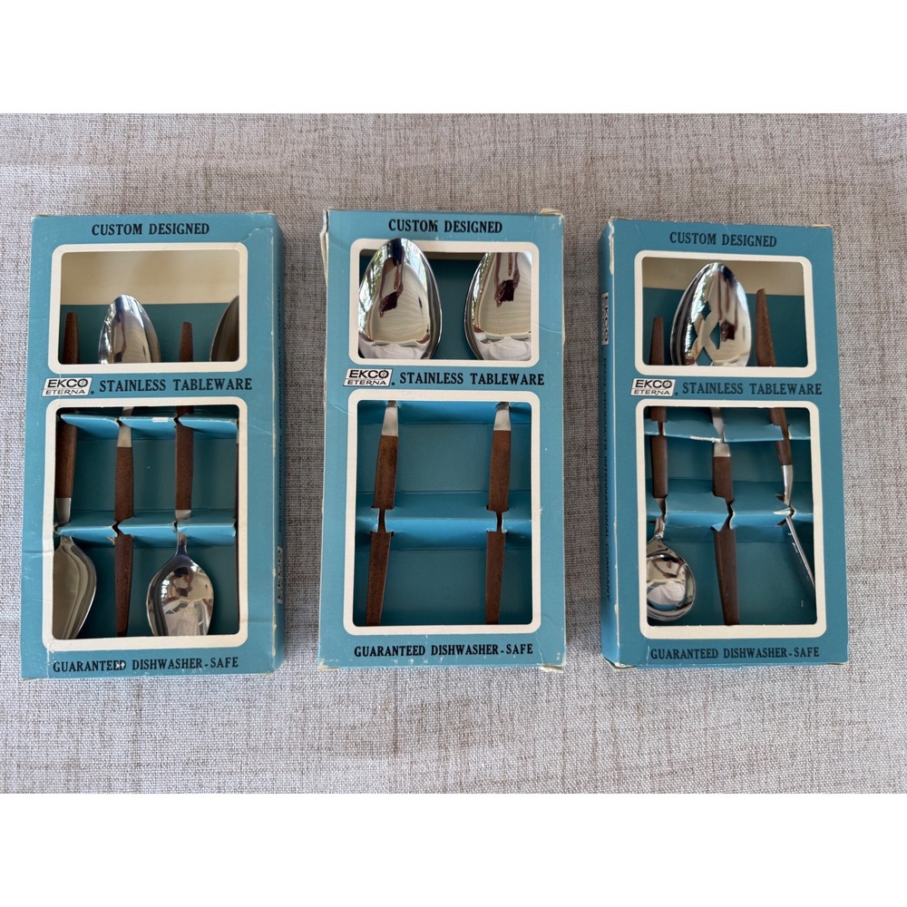 Ekco Eterna Flatware Set Brown New Mid Century Modern Wood Handle 3pk